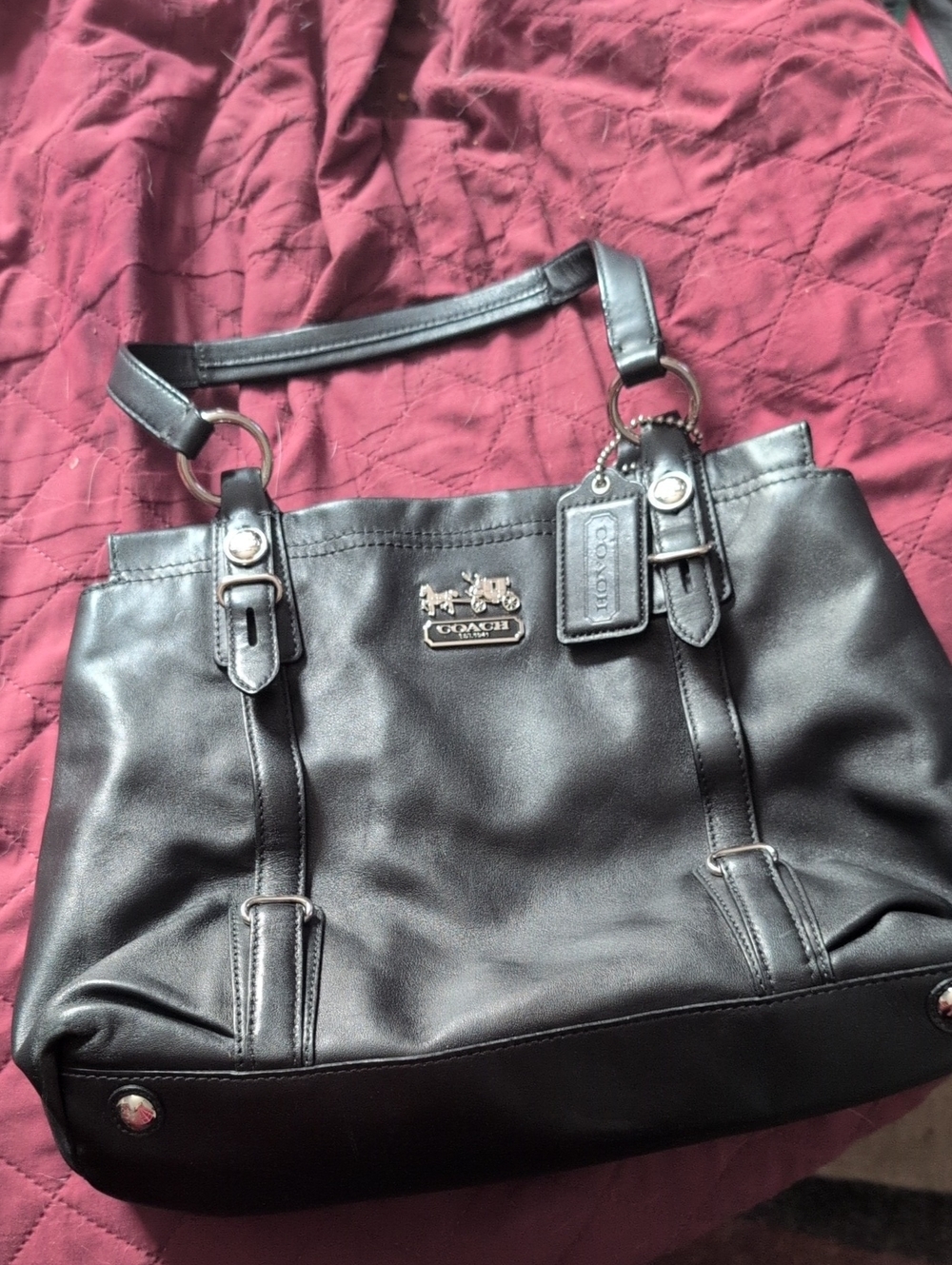 Coach Black Leather Shoulder Tote with Signature Horse & Carriage Plaque